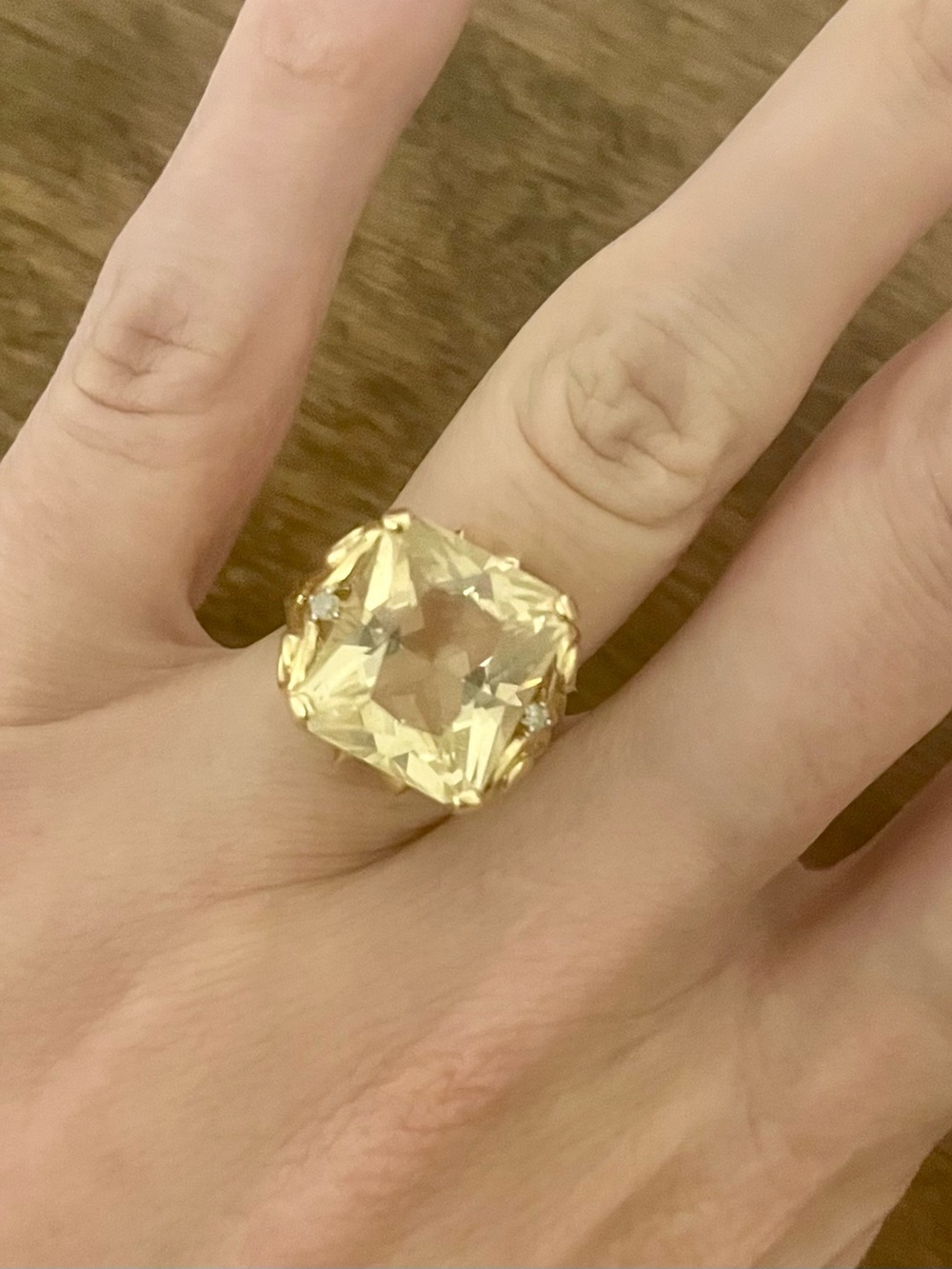 Estate 14kt Gold Cushion Cut Yellow Natural Citrine Ring with Diamond Accents
